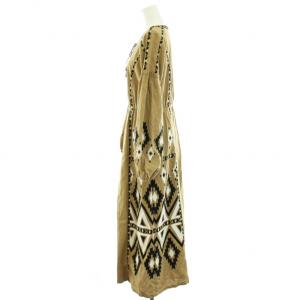 GRACE CONTINENTAL キカ刺繍カフタンワンピース 刺繍 麻 リネン混 フロントスリット ロング マキシ 36 S 茶 ブラウン