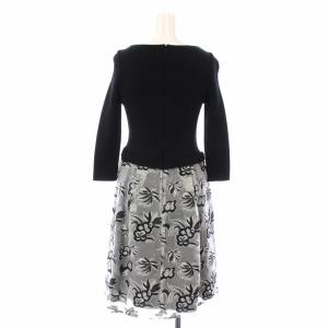 ANAYI ワンピース ひざ丈 フレア 七分袖 ボートネック ニット 花柄 刺繍 シアー シースルー チュール 36 S 黒 ブラック