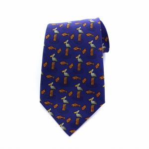 HERMES ネクタイ 魚 鳥 総柄 絹 シルク100％ 紺 ネイビー