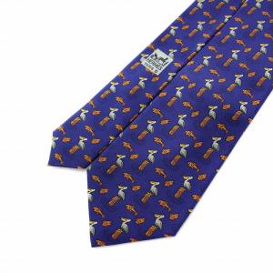 HERMES ネクタイ 魚 鳥 総柄 絹 シルク100％ 紺 ネイビー