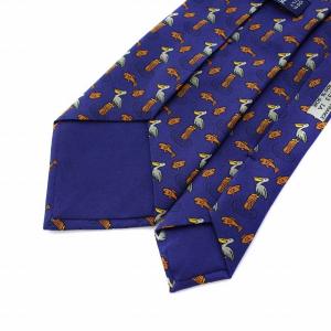 HERMES ネクタイ 魚 鳥 総柄 絹 シルク100％ 紺 ネイビー