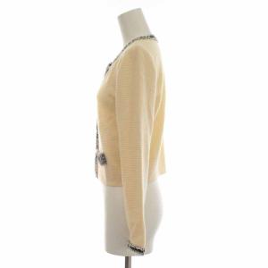 LANVIN カーディガン ニット ノーカラー ウール アンゴラ混 リボン 38 M ベージュ 黒 ブラック マルチカラー