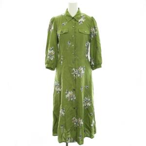 20SS フラワー刺繍シャツワンピース 花柄 ロング マキシ 七分袖 36 S カーキ 01202 31013-00