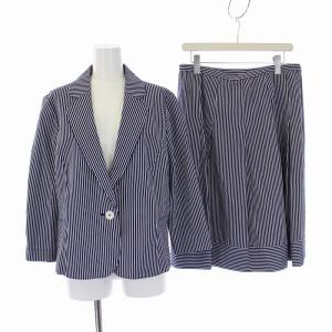 スーツ セットアップ 上下 テーラードジャケット フレアスカート ストライプ シアサッカー生地 15+ XXL 青 白 ブルー