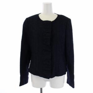 Leilian セットアップ 上下 スーツ ノーカラージャケット 総裏地 フレアスカート ひざ丈 ツイード ナイロン リネン 13 XL 紺