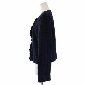 Leilian セットアップ 上下 スーツ ノーカラージャケット 総裏地 フレアスカート ひざ丈 ツイード ナイロン リネン 13 XL 紺