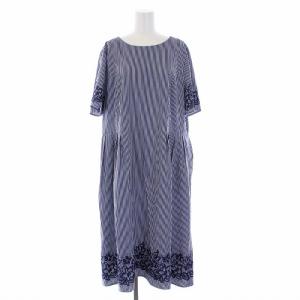 ワンピース 半袖 ロング ストライプ フラワープリント クルーネック 15+ 2XL 青 白 ブルー ホワイト