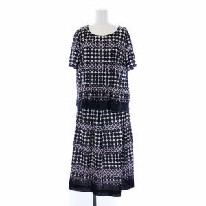 セットアップ 上下 ブラウス カットソー 半袖 フレアスカート ひざ丈 総柄 15+ 2XL 紺 ネイビー