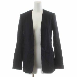 ノーカラージャケット 麻 リネン 0 S 紺 ネイビー