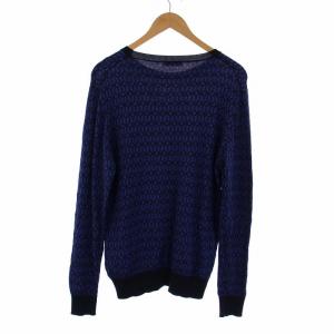 ETRO ニット セーター 長袖 クルーネック コットンシルク 総柄 L 紺 ネイビー