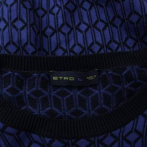 ETRO ニット セーター 長袖 クルーネック コットンシルク 総柄 L 紺 ネイビー