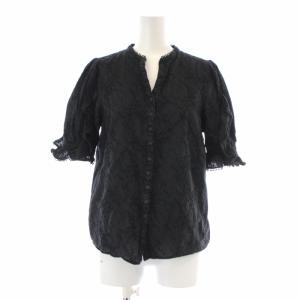 21SS エンブロイダリーラッフルブラウス 半袖 刺繍 スリットネック フリル パフスリーブ 38 M 黒 ブラック 10211713430