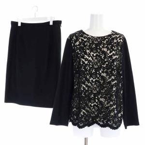 セットアップ 上下 カットソー レース 切替 長袖 タイトスカート ひざ丈 ウール 大きいサイズ 13+ XL 黒 ブラック