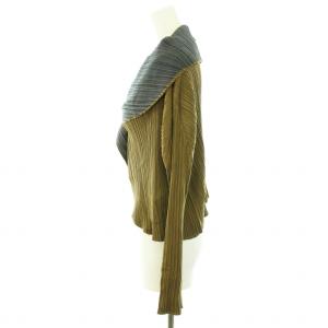 PLEATS PLEASE ISSEY MIYAKE カーディガン ボレロ プリーツ 襟変形 長袖 ストレッチ 3 カーキ ブルー