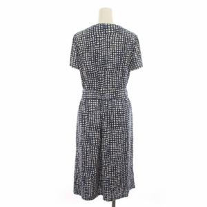 Leilian ワンピース ストレッチ素材 ニット 総柄 ひざ丈 半袖 13 XL 青 ブルー 白 ホワイト