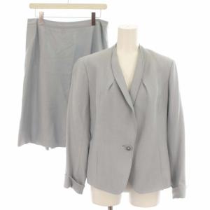 Leilian スーツ セットアップ 上下 ハチマカラージャケット 台形スカート ウール 絹 シルク ひざ丈 13 XL 水色 サックスブルー