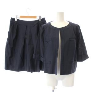セットアップ 上下 ノーカラージャケット 七分袖 フレアスカート ひざ丈 タック 大きいサイズ 13 XL 紺 ネイビー