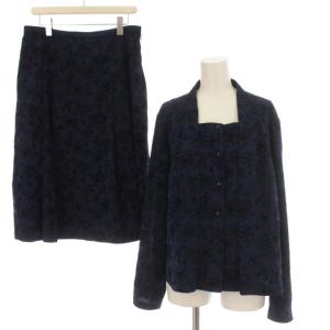 セットアップ 上下 2点セット フォーマル 花柄 フロッキー ブラウス 長袖 スカート ひざ丈 15+ 大きいサイズ 青 ブルー