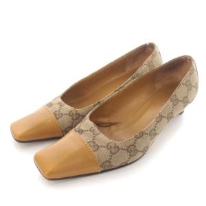 GUCCI パンプス GG柄 ローヒール スクエアトゥ キャンバス レザー 切替 靴 シューズ 35C 22.5-23cm ベージュ