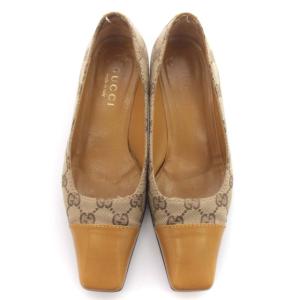 GUCCI パンプス GG柄 ローヒール スクエアトゥ キャンバス レザー 切替 靴 シューズ 35C 22.5-23cm ベージュ