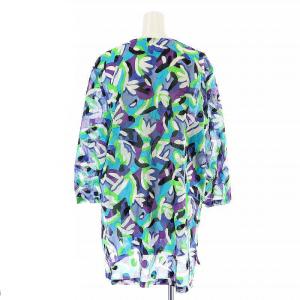 GIVENCHY GLAMOUR ブラウス シャツ 七分袖 ノーカラー 総柄 15 XL 緑 青 グリーン ブルー