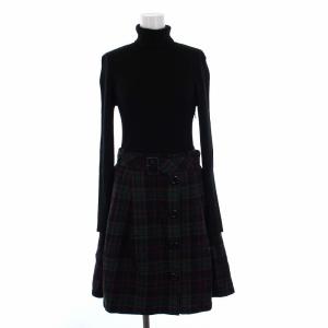 ドッキングワンピース 長袖 ひざ丈 タートルネック ニット チェック 切替 38 M 黒 ブラック