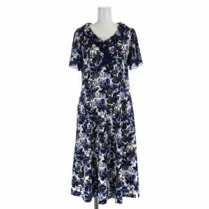 近年モデル フレアワンピース ロング フリル 花柄 半袖 9 M 紺 ネイビー