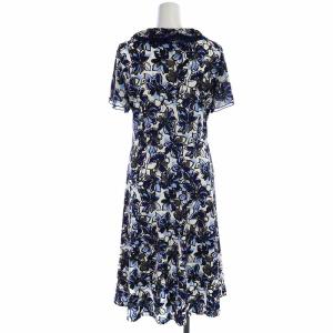 Leilian 近年モデル フレアワンピース ロング フリル 花柄 半袖 9 M 紺 ネイビー