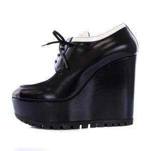 PRADA ウェッジソール バイカラー レースアップシューズ ハイヒール ポインテッドトゥ レザー 36 23cm 黒 白 ブラック ホワイト