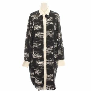 13AW シャツワンピース 総柄 バック切替 ひざ丈 長袖 38 M 黒 ブラック マルチカラー