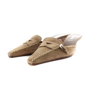 ミュール スエード ヒール ポインテッドトゥ 37.5 24.5cm ベージュ