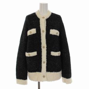 21AW ツイードニットカーディガン 長袖 金ボタン F 黒 ブラック 白