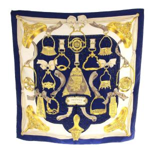 HERMES 大判カレ ETRIERS 鎧 スカーフ ゴールド色 紺 ネイビー