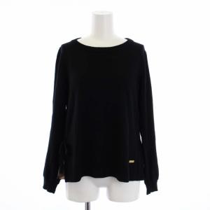 ニット セーター 長袖 リボン チェック ウール 38 M 黒 ブラック