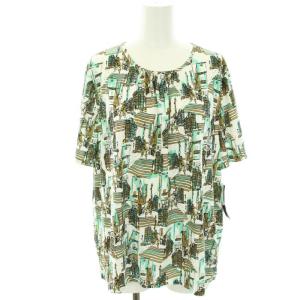 カットソー Tシャツ ギャザー 半袖 大きいサイズ 総柄 タグ付き 17+ XXXL 白 ホワイト 緑 グリーン 茶 ブラウン