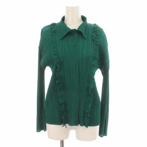 イッセイミヤケ プリーツブラウス フリル ステンカラー L グリーン