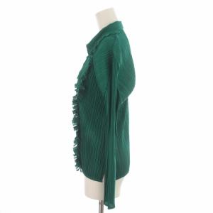 PLEATS PLEASE ISSEY MIYAKE イッセイミヤケ プリーツブラウス フリル ステンカラー L グリーン