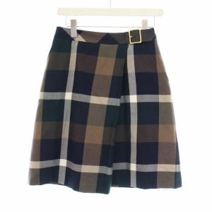 フレアスカート ひざ丈 チェック ウール 38 M 茶 ブラウン 緑 グリーン