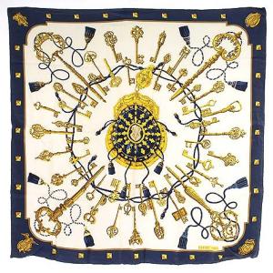 カレ90 スカーフ LES CLES 鍵 シルク100% 白 ホワイト ネイビー