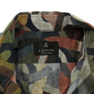 LANVIN コレクション COLLECTION 21AW シャツ スタンダードカラー 長袖 総柄 48 M 紺 ネイビー グレー 緑 グリーン