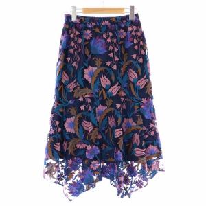 GRACE CONTINENTAL 20AW フラワー刺繍イレヘムスカート ロング ミモレ フレア チュール シアー シースルー 花柄 総柄 36 S 紺 ネイビー