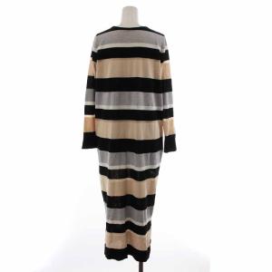 Diagram GRACE CONTINENTAL タイトワンピース クルーネック ミモレ ロング 長袖 麻 リネン混 絹 シルク混 ボーダー 36 M ベージュ 黒 ブラック
