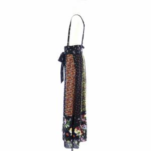 GRACE CONTINENTAL パッチワークプリントロングスカート マキシ フレア 花柄 総柄 サスペンダー付き ベルトリボン 36 S 黒 ブラック マルチカラー