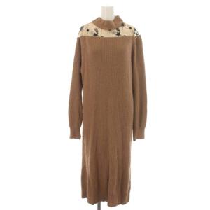 プラネット刺繍ニットワンピース ひざ丈 シアー シースルー ハイネック 長袖 36 S 茶 ブラウン