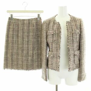セットアップ 上下 ノーカラージャケット ツイード フリンジ フレアスカート ひざ丈  ウール混 アンゴラ混 36 S マルチカラー