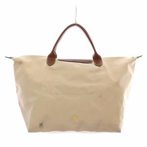 Longchamp ル プリアージュ トートバッグ ナイロン レザー プリント エッフェル塔 ベージュ 茶 ブラウン