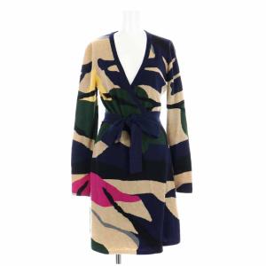 ラップカーディガン 巻きカーディガン ニットカーディガン ロング ウール 総柄 リボン 長袖 S マルチカラー