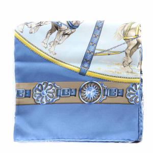 HERMES カレ90 CHEVAUX DE TRAIT 輓馬 スカーフ シルク 馬柄 青 ブルー