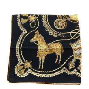 HERMES カレ90 パプロール Paperoles スカーフ シルク ベルリン馬車 馬 黒 ブラック ゴールド色