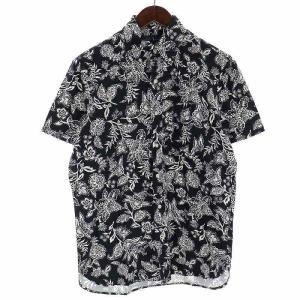ボタンダウンシャツ カジュアルシャツ コットン ポケット 花柄 半袖 S 黒 ブラック